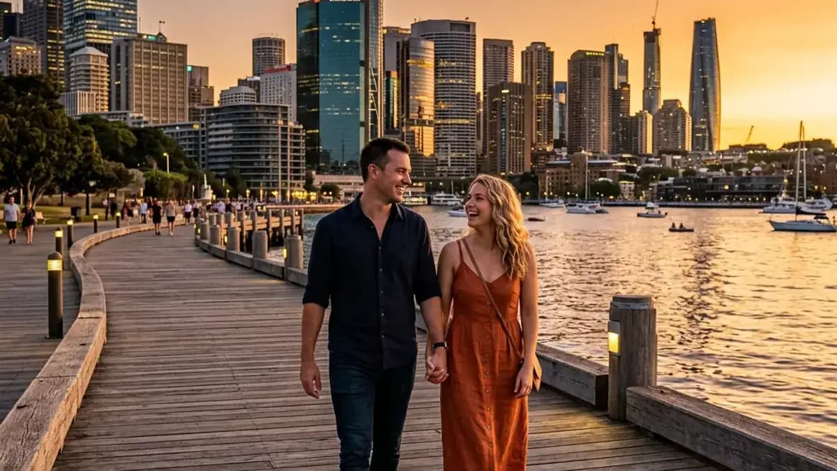 Couple walking along a waterfront boardwalk at sunset