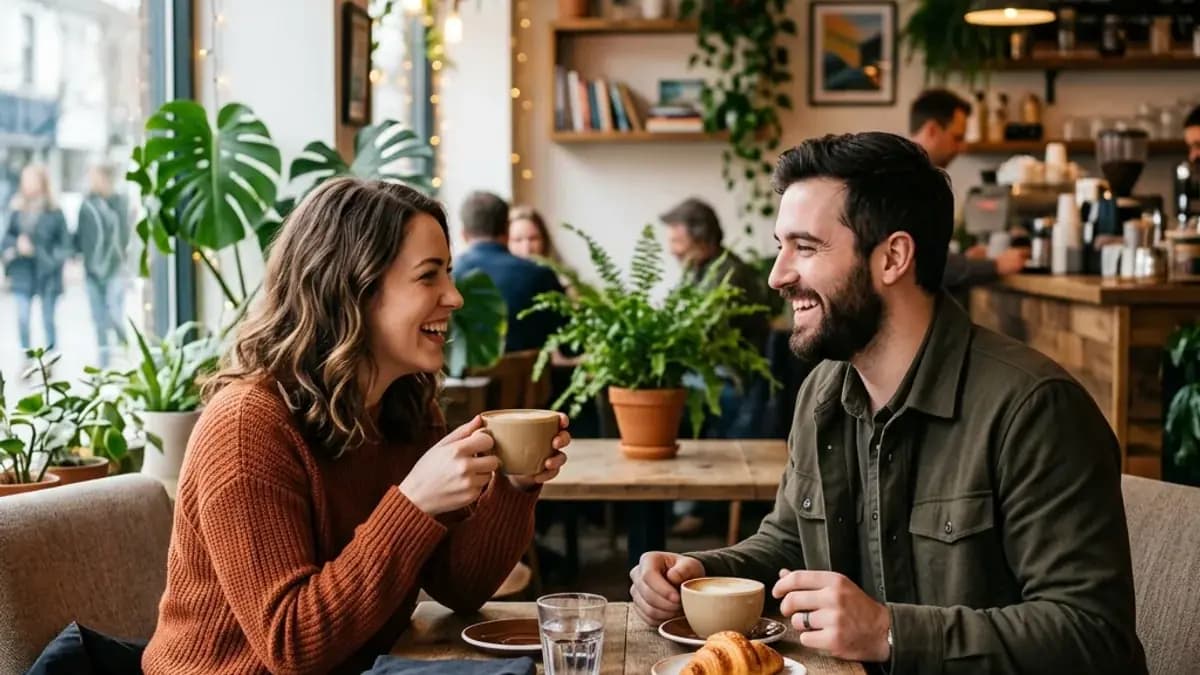 Couple enjoying a casual coffee date at a cozy independent coffee shop