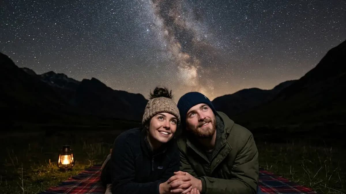 Couple stargazing together on a blanket in an open field at night