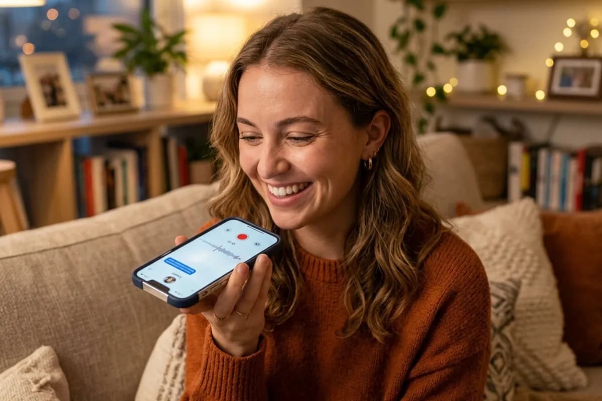 Person sending a voice note with a warm smile before a date
