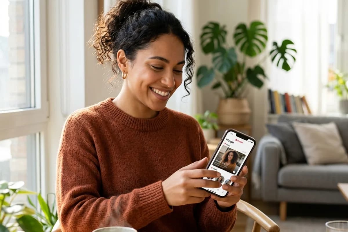 Person smiling satisfied after making a confident dating app decision