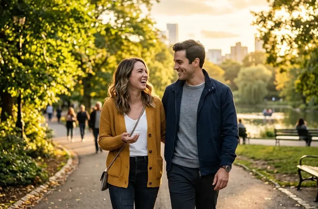 Happy couple walking together through a city park at golden hour after meeting online