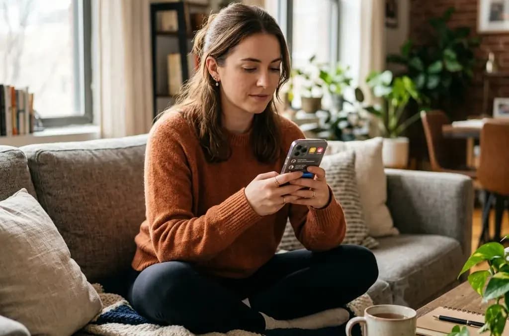 Woman reviewing dating app conversation threads on phone on modern sofa with tea
