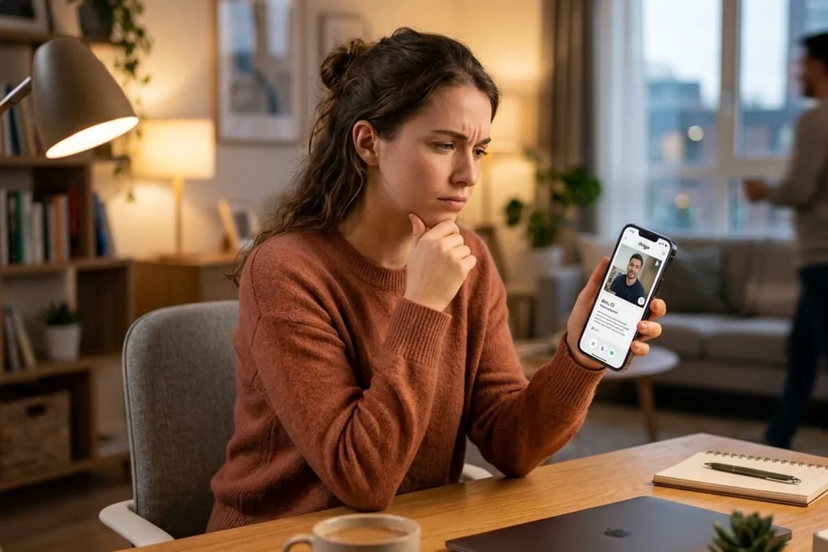 Person thoughtfully comparing dating app options on their phone
