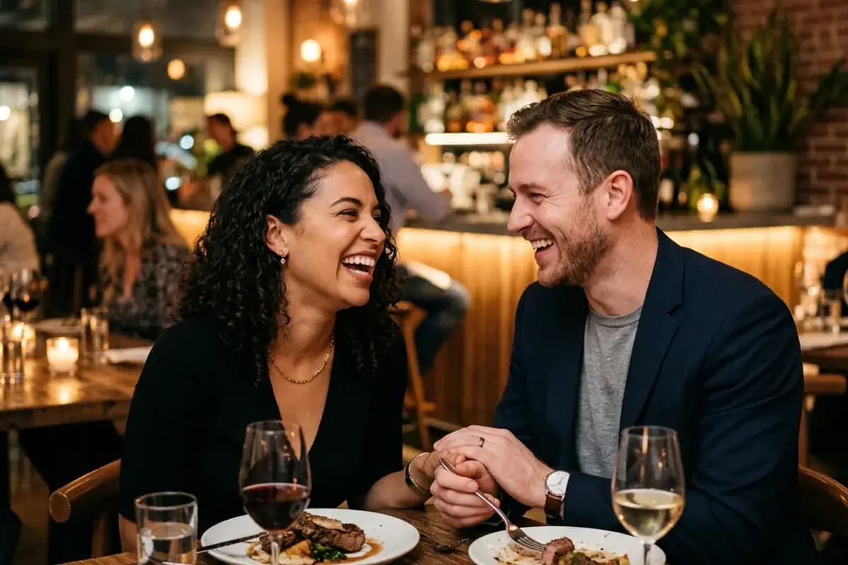 Couple laughing together at a restaurant after a successful dating app match