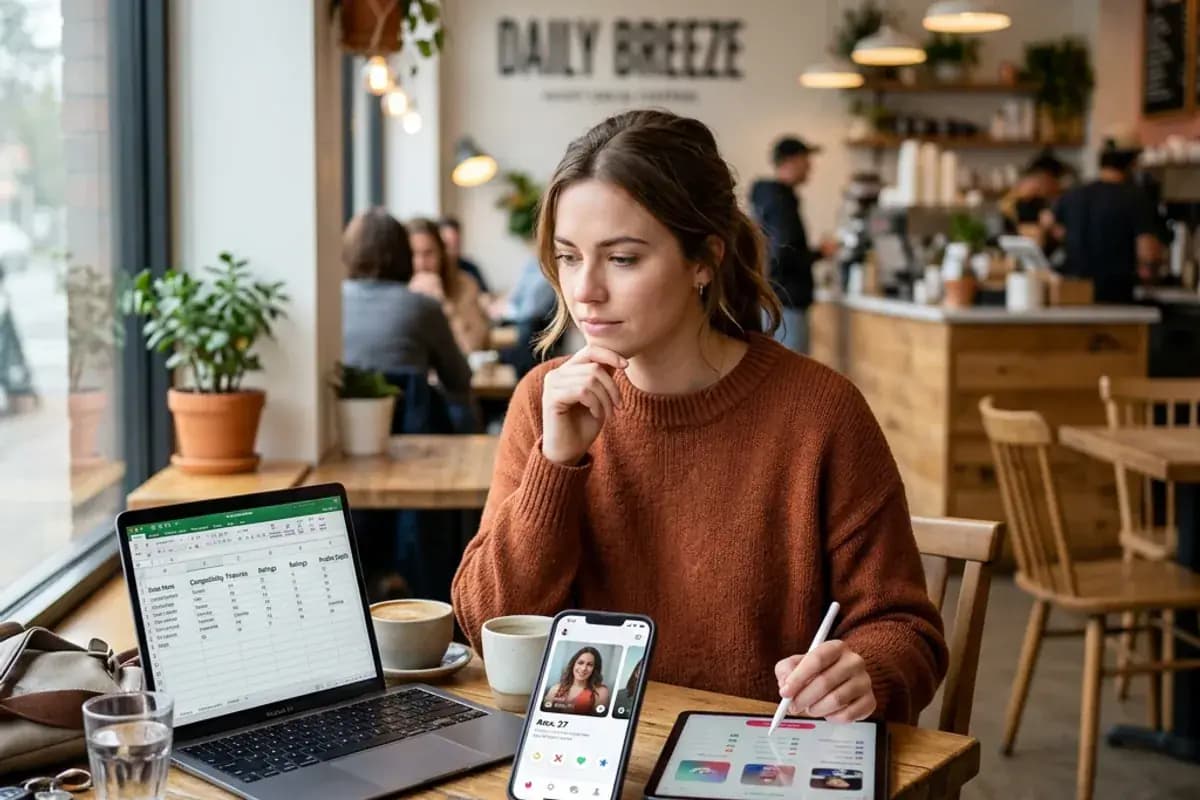 Person at a cafe evaluating and comparing different dating app options