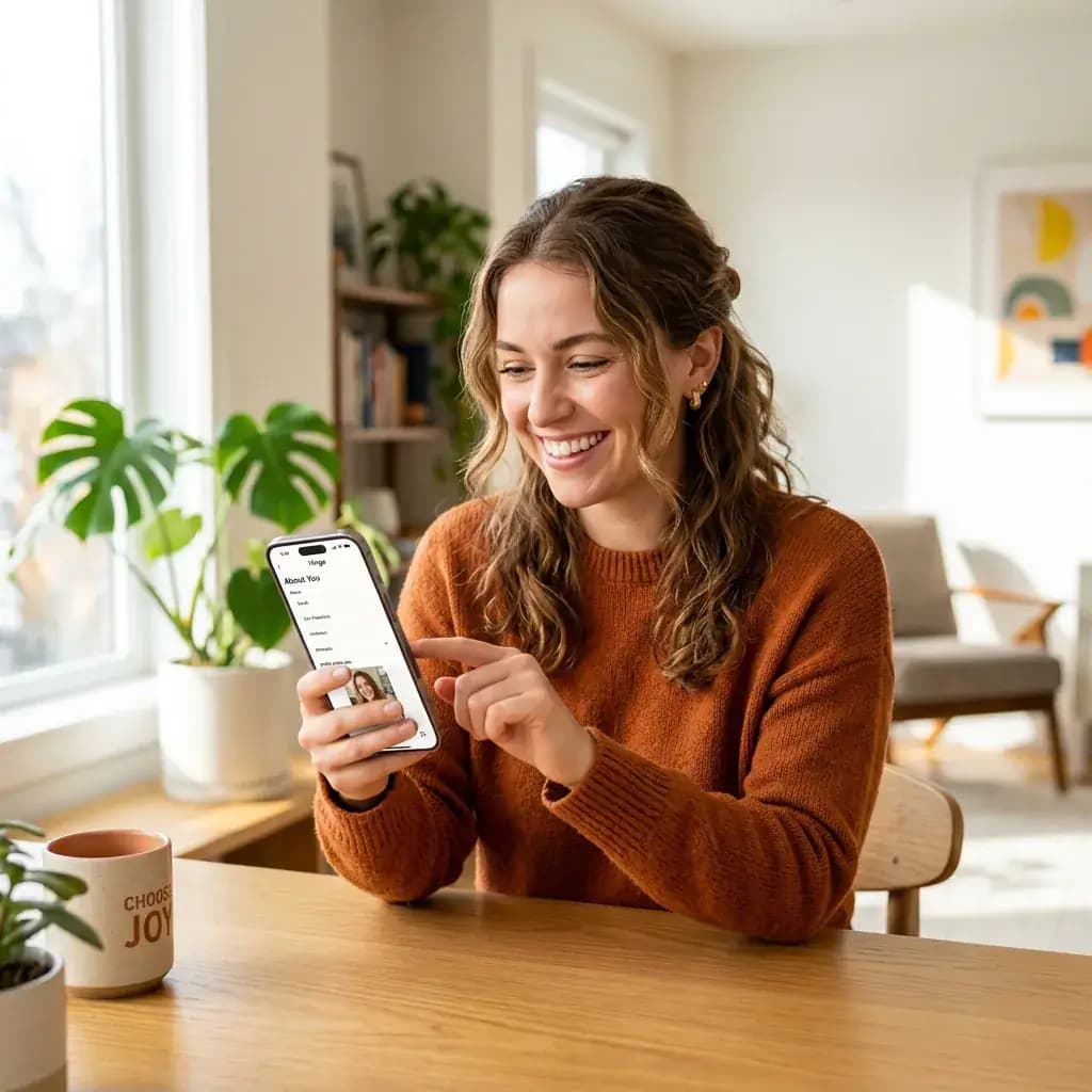 Person smiling confidently while setting up their dating app profile after making a decision