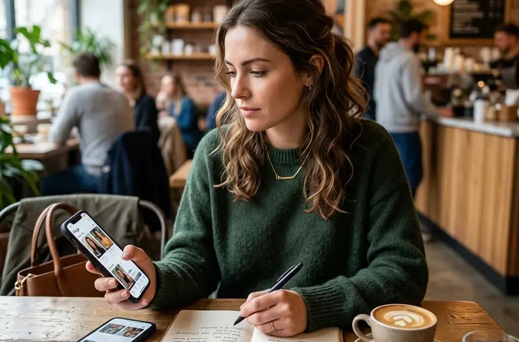 Person at cafe comparing dating app experiences while making notes in a journal