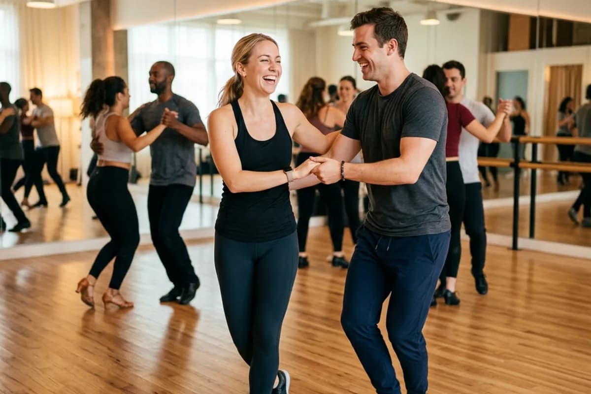 Couple dancing together in a group dance class with joyful expressions