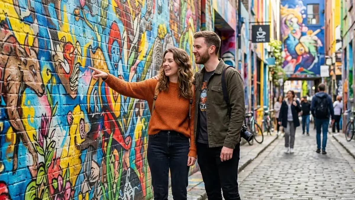 Couple exploring colorful street art murals together on an adventurous date