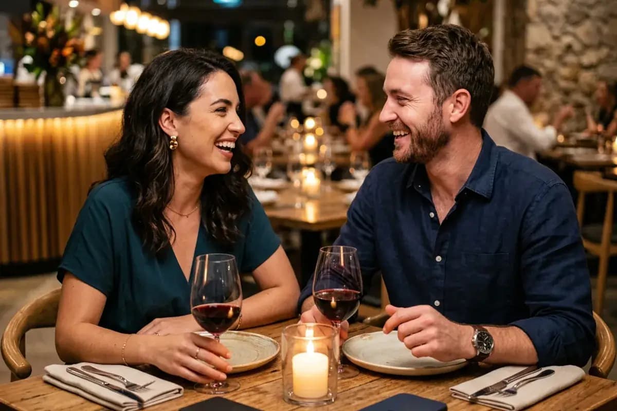 Couple at a restaurant on a date with phones face down showing engaged behavior