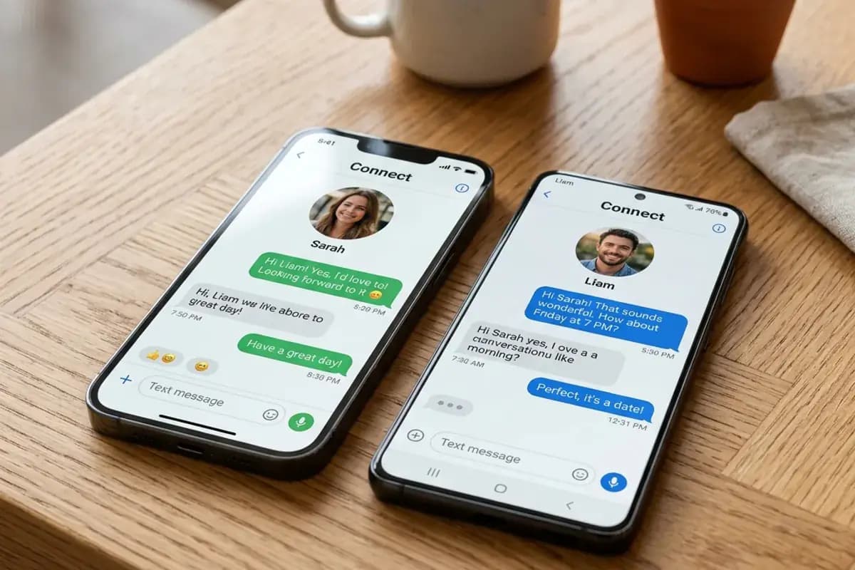Two smartphones showing a respectful dating app conversation exchange