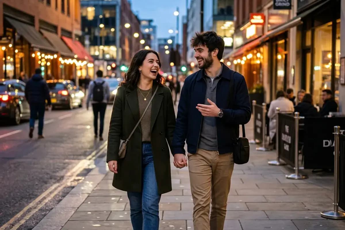 Happy couple walking together on a city sidewalk after a successful first date