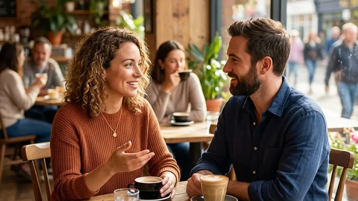 Two people deep in conversation at a bright cafe table with coffee