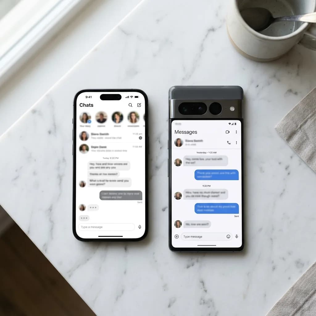 Two smartphones showing dating app conversations on a marble counter