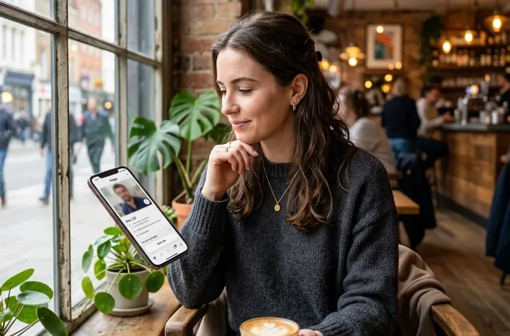 Person reading a dating app profile on their phone at a trendy urban cafe by a window