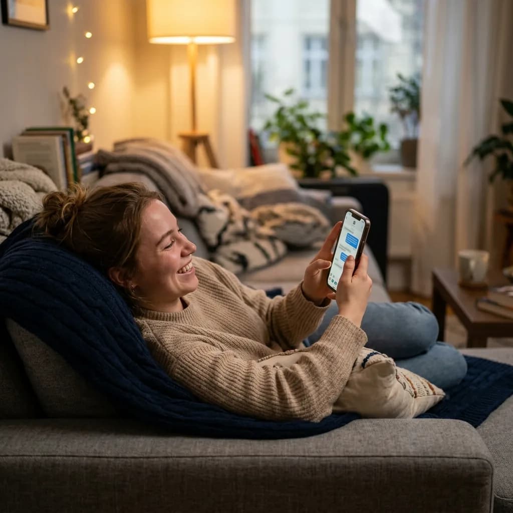 Young person lying on a couch engaged in a great text conversation on their phone