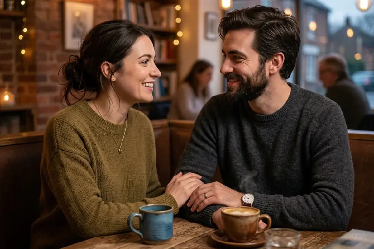 Happy introvert couple having a quiet intimate conversation at a cozy cafe
