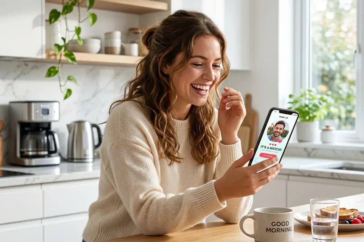 Smiling person matching with someone on a free dating app