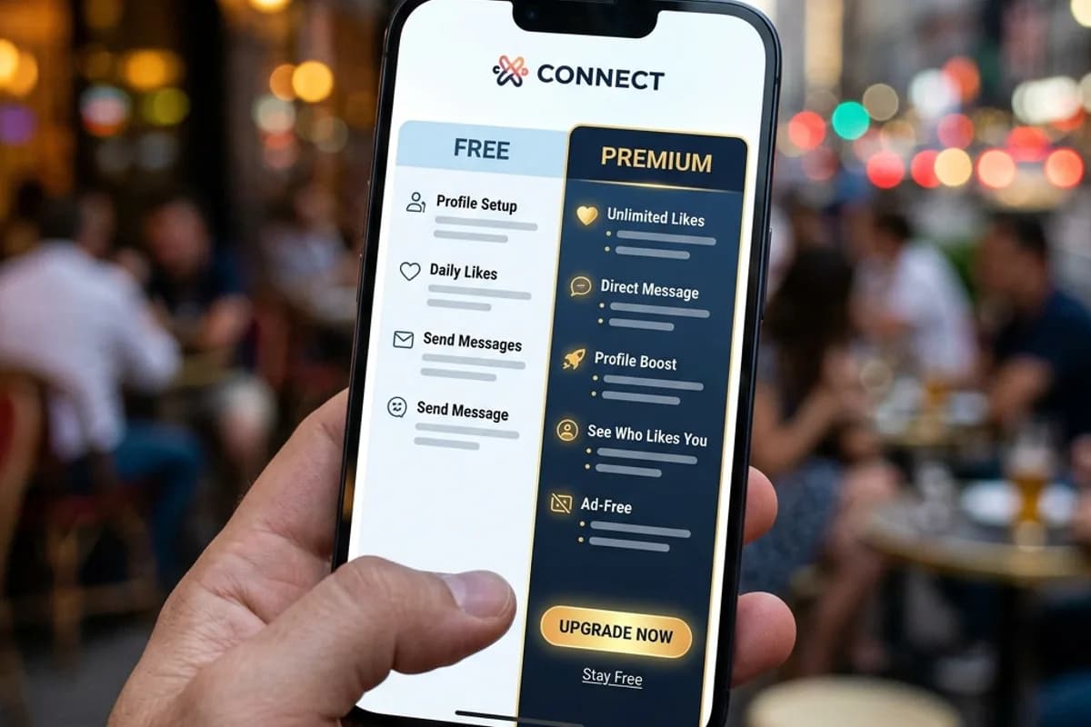 Phone screen showing dating app with free vs premium comparison