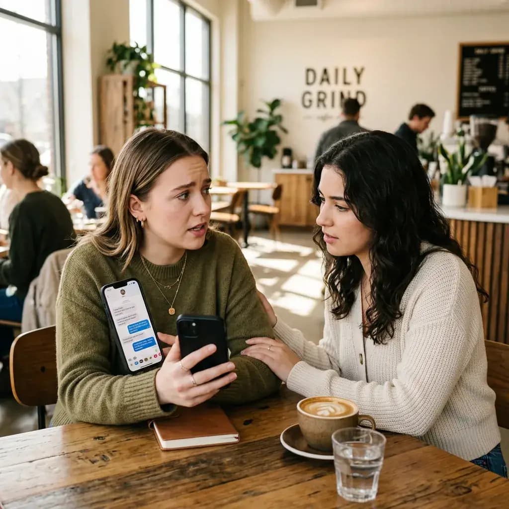 Person talking to trusted friend at coffee shop seeking outside perspective about suspicious relationship