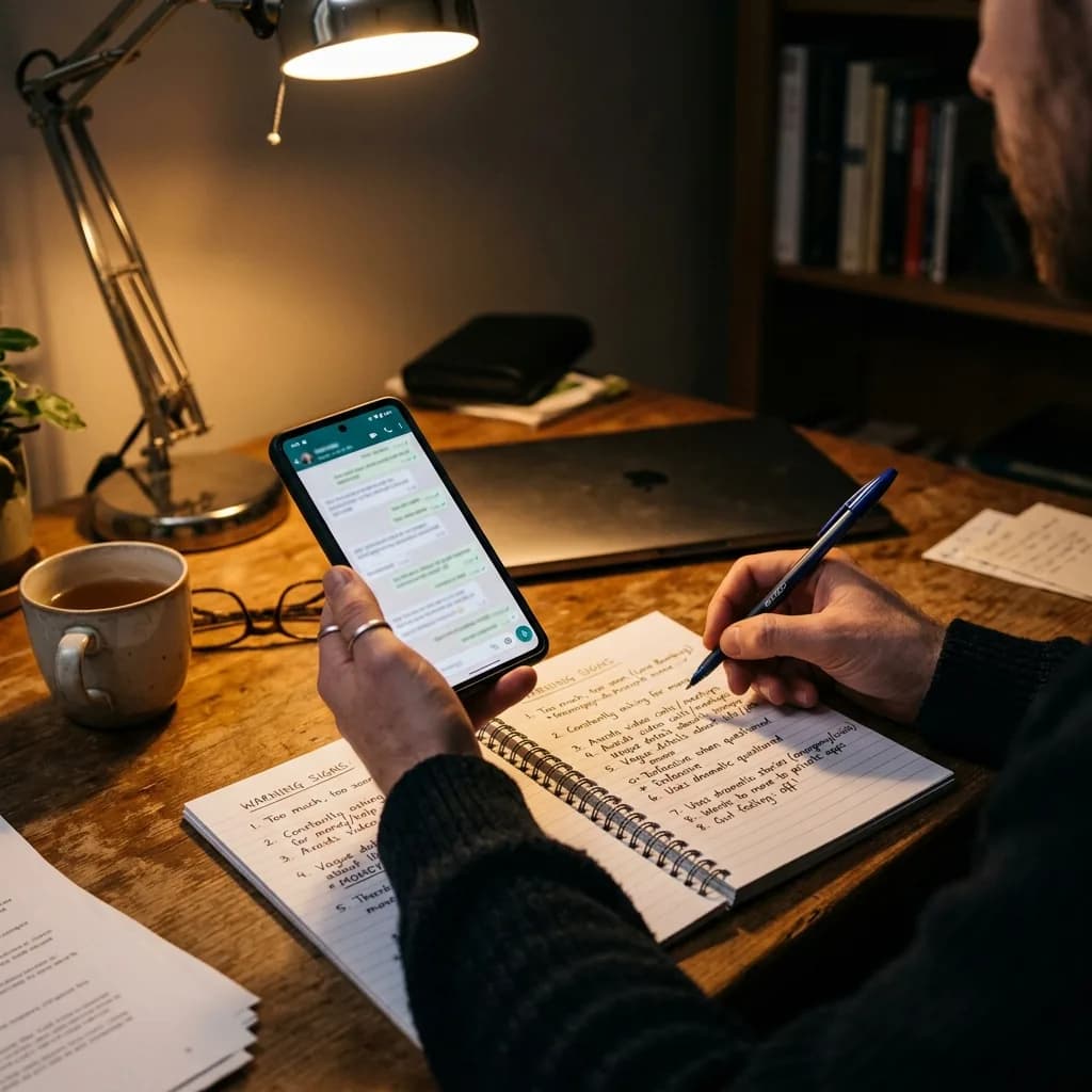 Person evaluating suspicious chat messages while taking notes about warning signs
