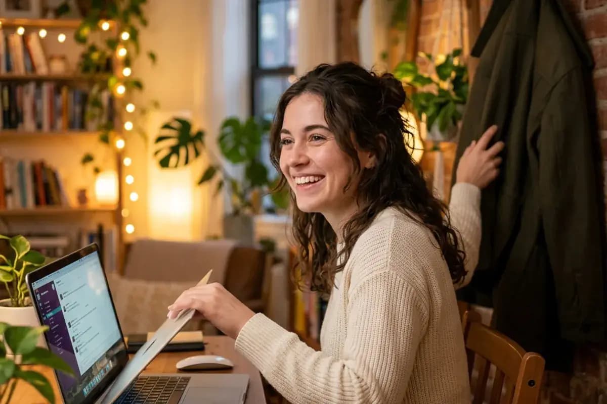 Person closing laptop with happy expression after successful pre-date video call