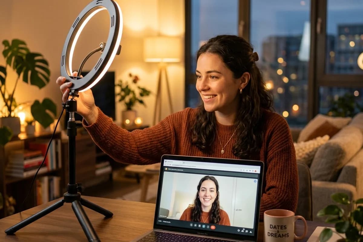 Person adjusting lighting before a safe pre-date video call
