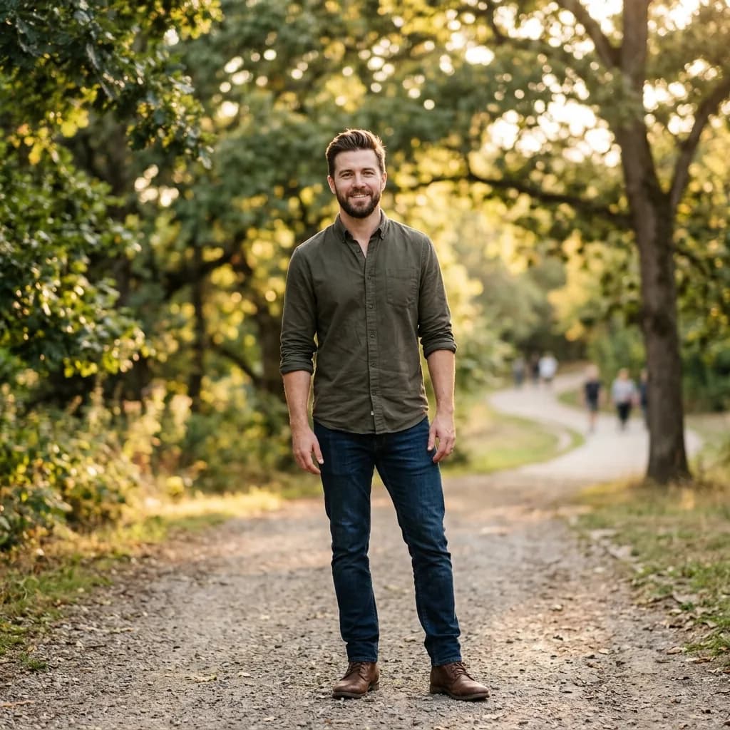 Confident man taking a casual dating profile photo in a natural outdoor setting