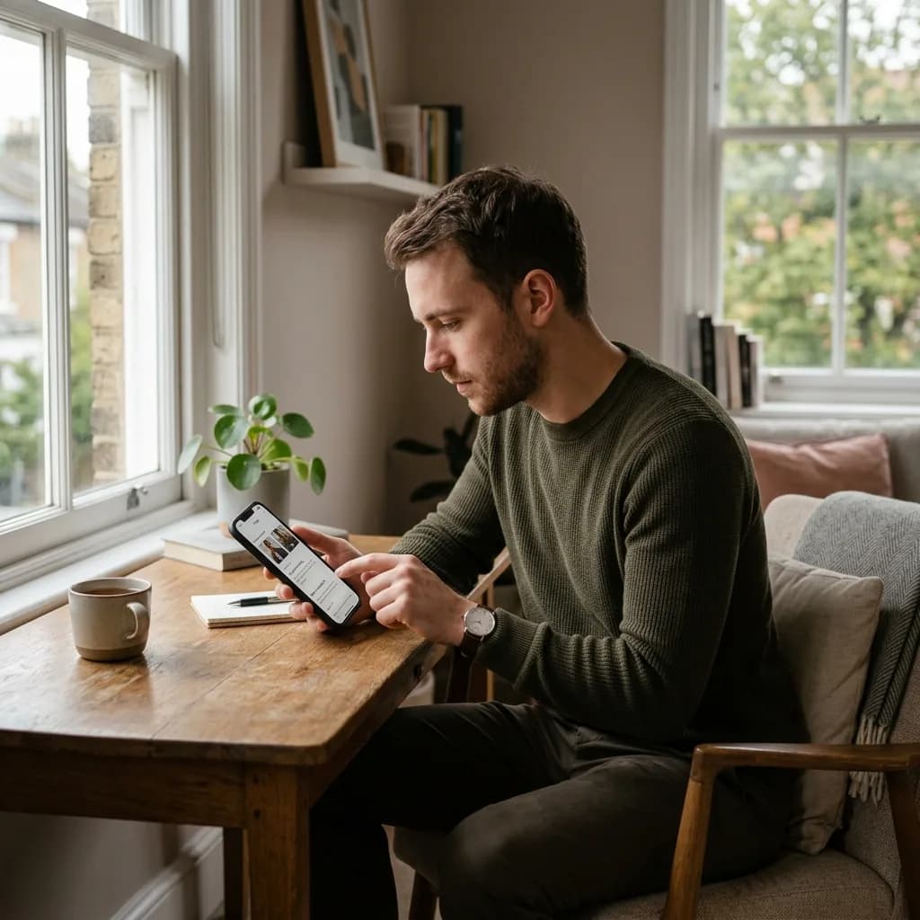 Introverted man thoughtfully editing his dating profile on smartphone in calm indoor setting