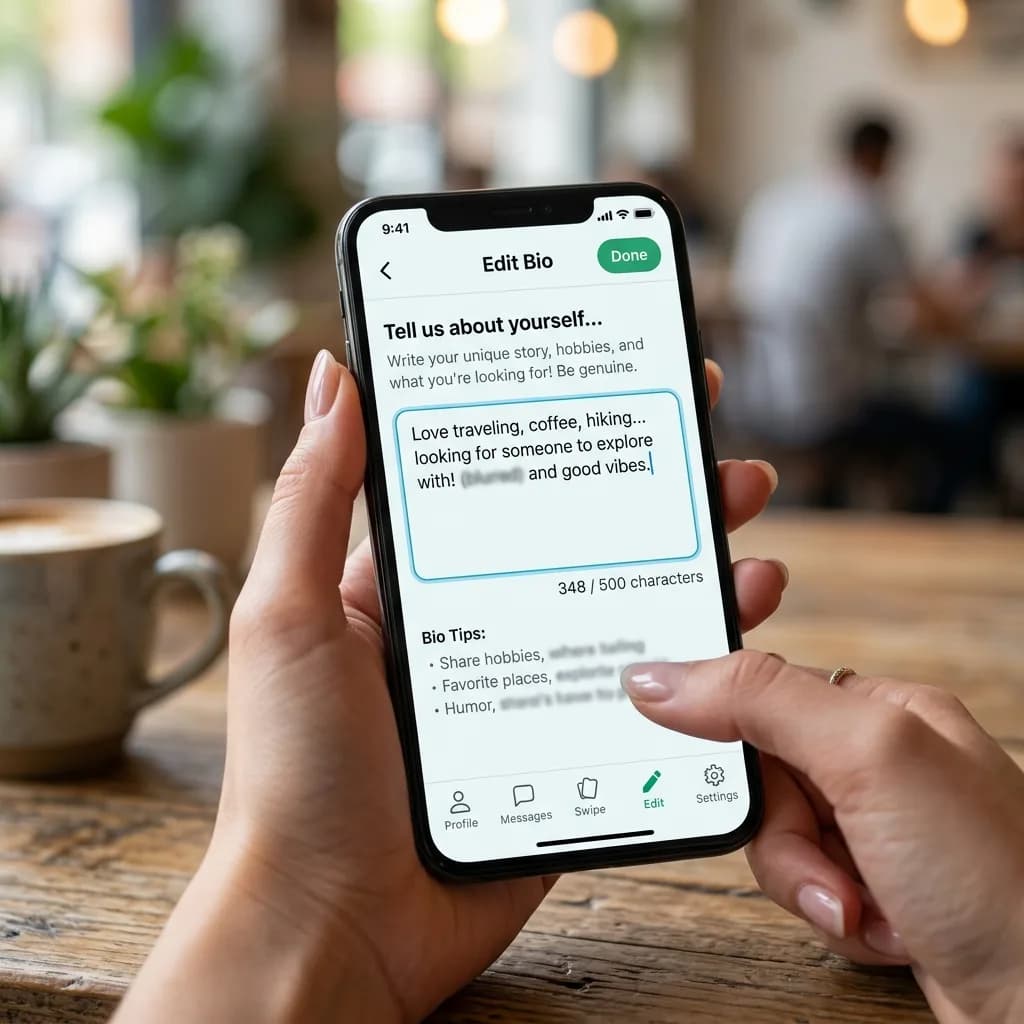 Phone screen showing dating profile bio editing interface