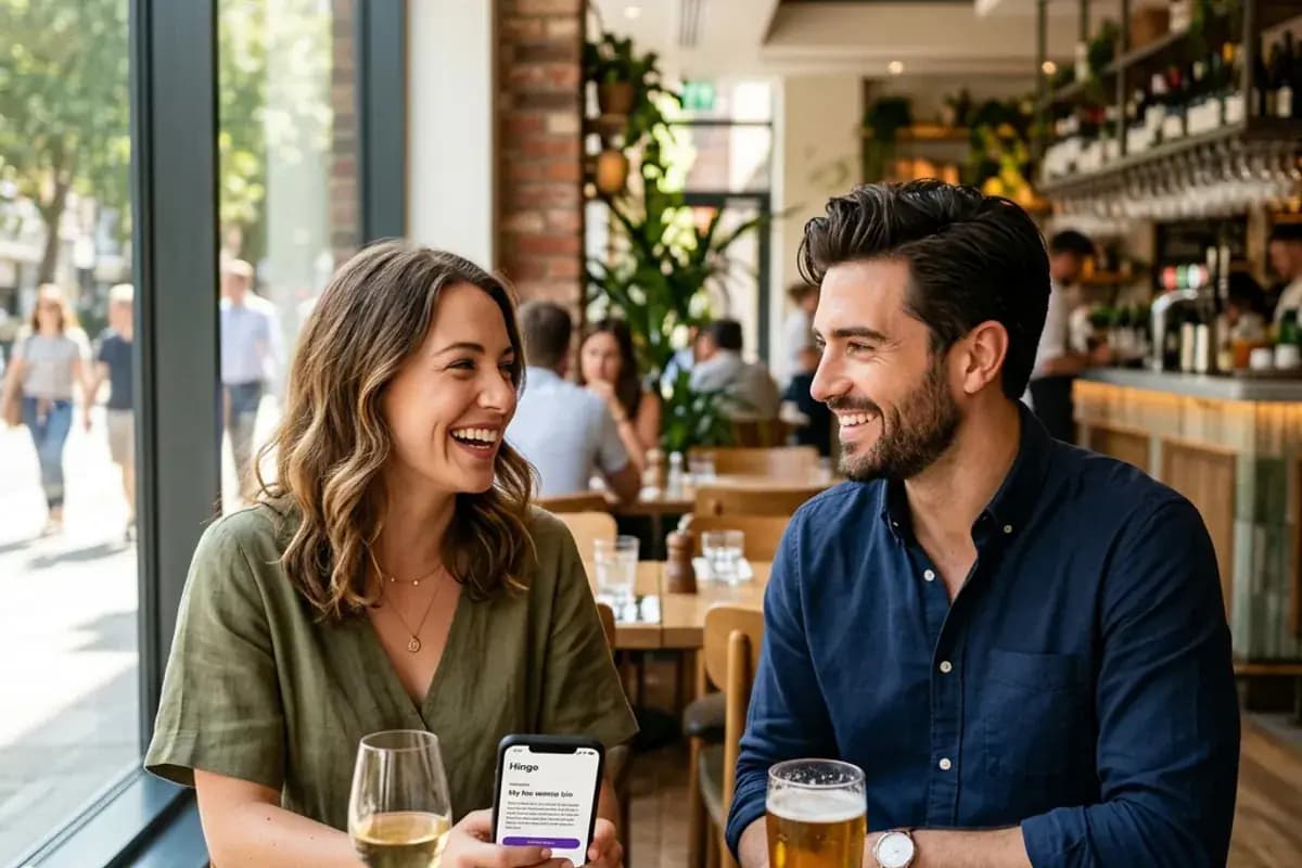 Happy couple meeting for the first time at a bright restaurant Happy couple meeting for the first time at a bright restaurant