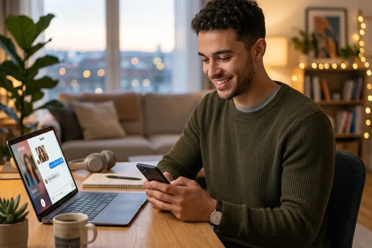 Ask Someone Out on a Dating App Young man smiling at phone about to ask someone out on a dating app