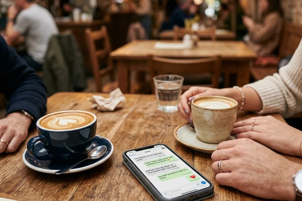 Two coffee cups on a cafe table with phone showing a dating conversation Two coffee cups on a cafe table with phone showing a dating conversation