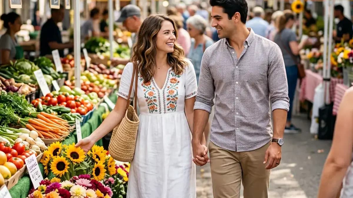 Best First Date Ideas Couple on a first date at a farmers market browsing flowers and produce