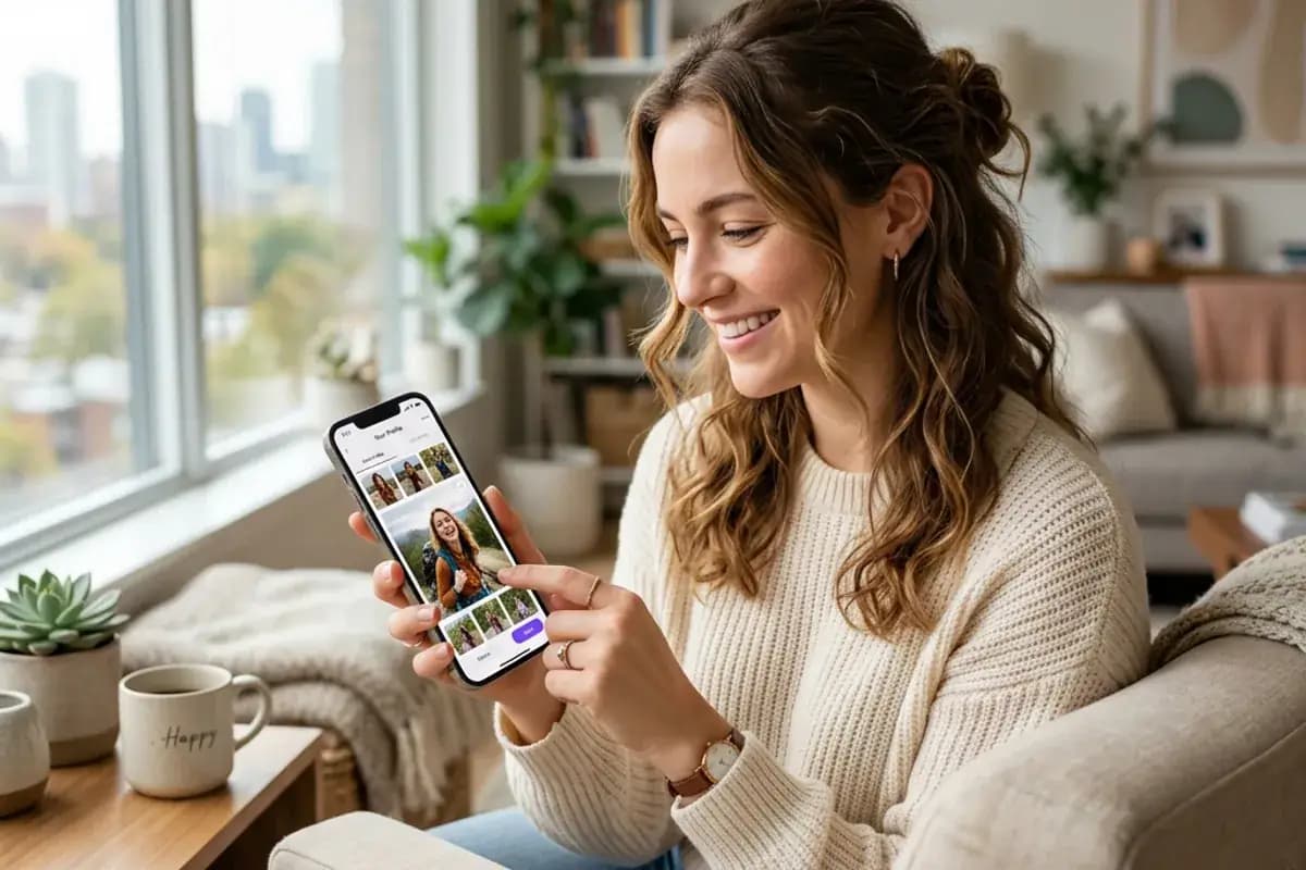 Person reviewing and selecting the best dating profile photos on their phone Person reviewing and selecting the best dating profile photos on their phone