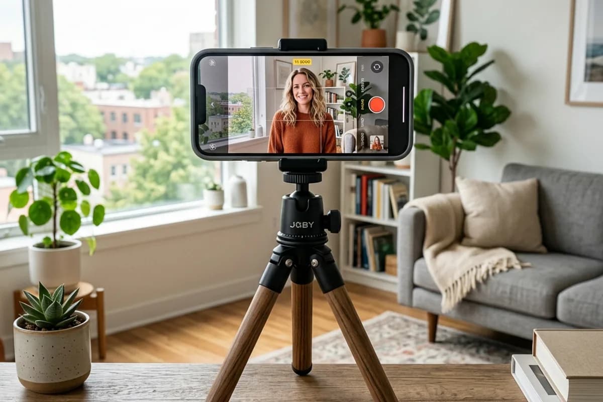 Smartphone on tripod set up for dating profile photo shoot with natural lighting Smartphone on tripod set up for dating profile photo shoot with natural lighting
