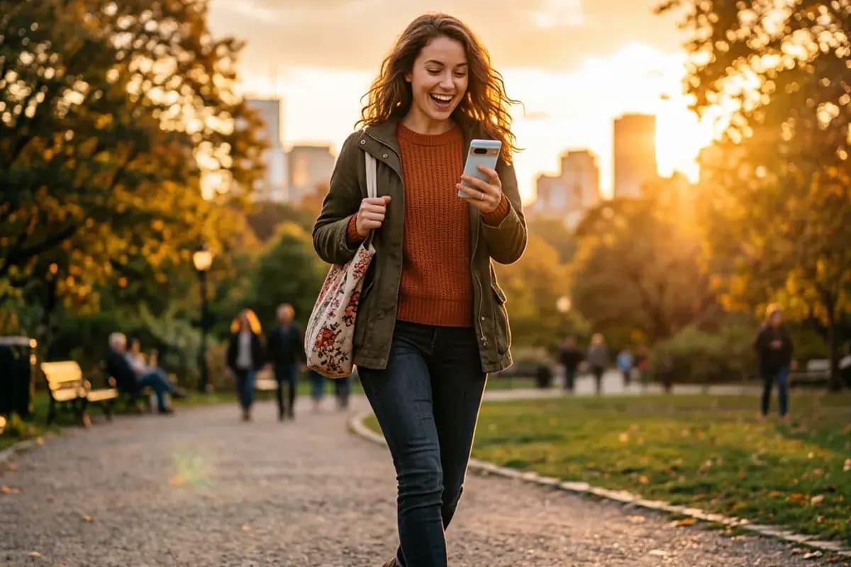 Happy woman checking phone notification in a park at sunset Happy woman checking phone notification in a park at sunset