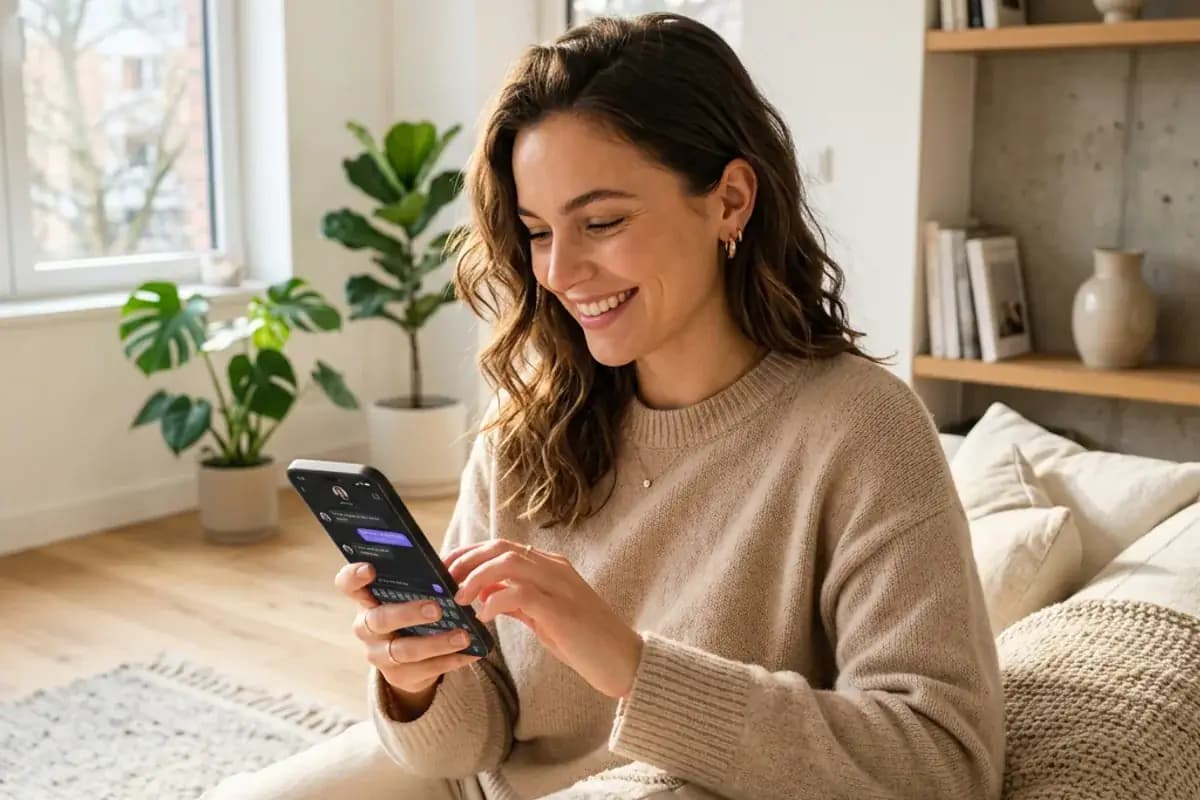 Bumble Conversation Starters for Women Confident woman smiling while composing a message on a dating app