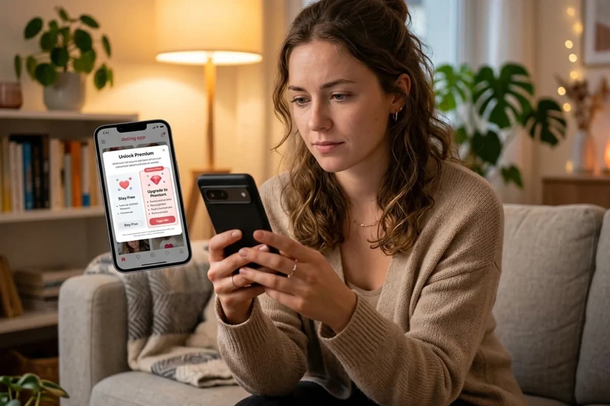 Free vs Paid Dating Apps Person considering a dating app subscription upgrade on their phone