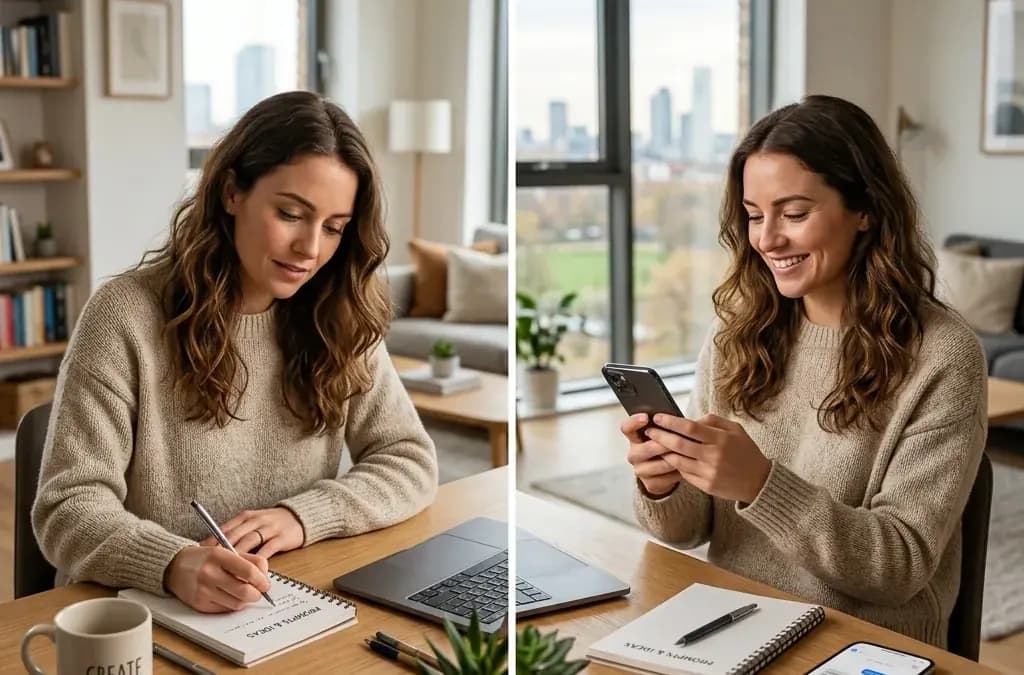 Hinge vs Bumble Person thoughtfully writing dating profile prompts and reading messages at home