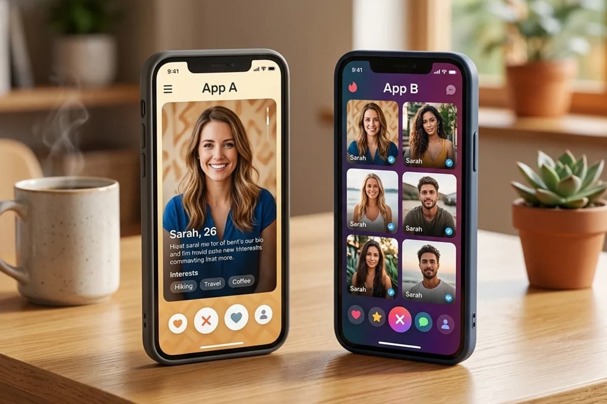 Hinge vs Tinder Two smartphones side by side comparing Hinge and Tinder dating apps