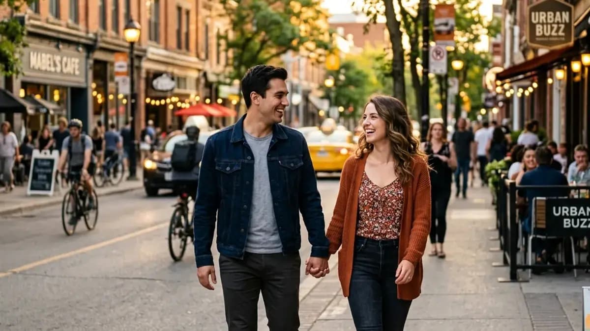 Happy couple holding hands walking through a vibrant city at golden hour Happy couple holding hands walking through a vibrant city at golden hour