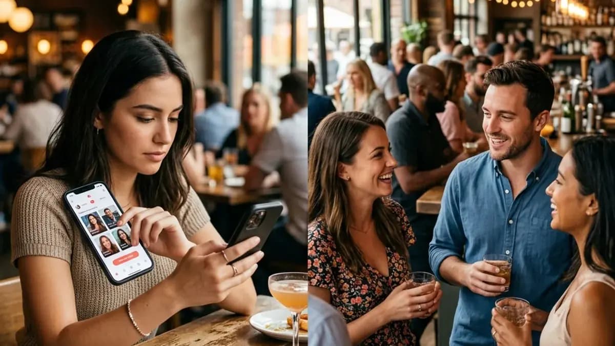 Online Dating vs Real-Life Person using a dating app alongside people meeting naturally at a social event