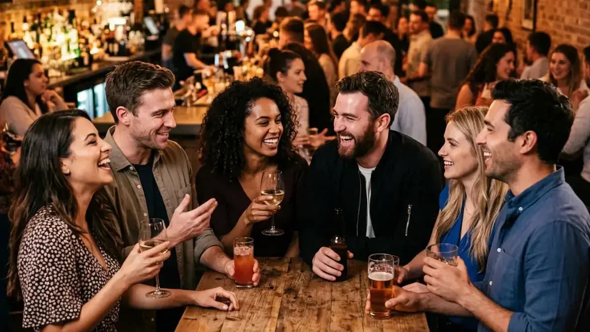 Friends at a lively social gathering representing real-life dating opportunities Friends at a lively social gathering representing real-life dating opportunities