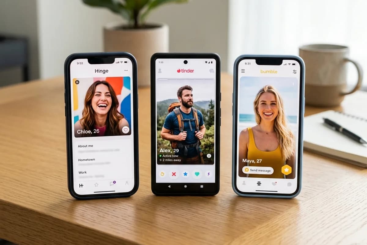 Tinder vs Bumble vs Hinge Three smartphones displaying different dating apps for comparison