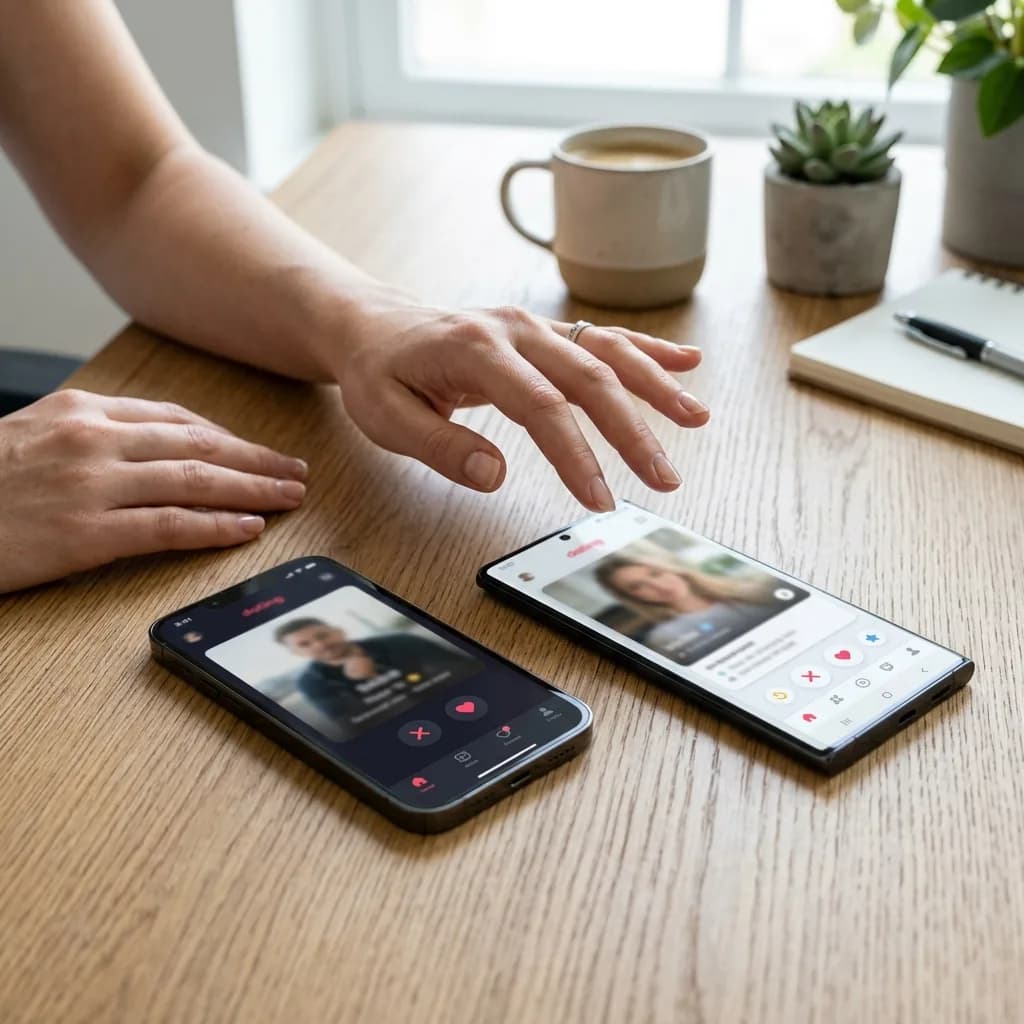 Tinder vs Bumble Two smartphones side by side showing different dating apps with a hand deciding between them