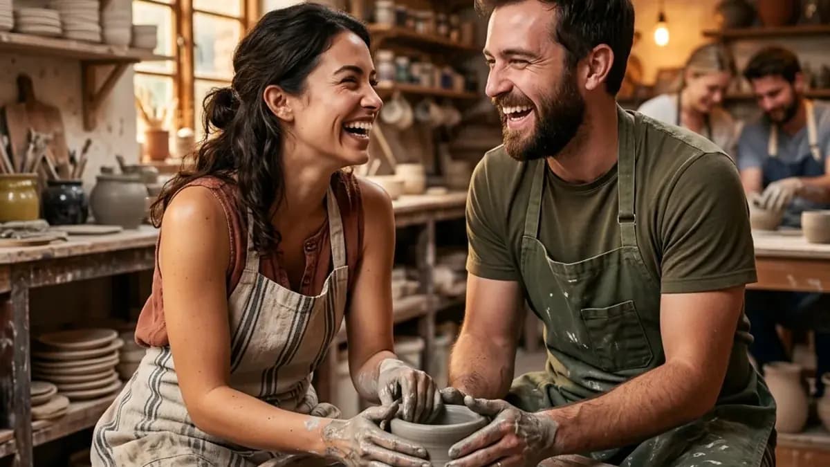 Creative Date Ideas That Build Attraction Couple at a pottery class on a creative date laughing together