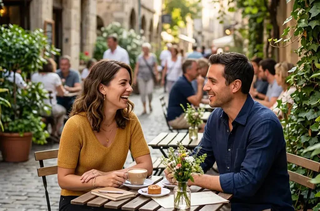 Two people enjoying a safe comfortable first date at a well-lit cafe Two people enjoying a safe comfortable first date at a well-lit cafe