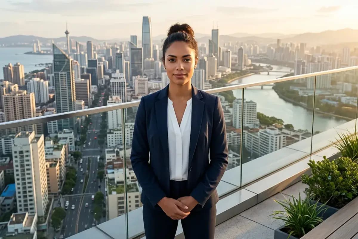 Build Confidence for Online Dating Confident person standing on a rooftop terrace overlooking a city at morning